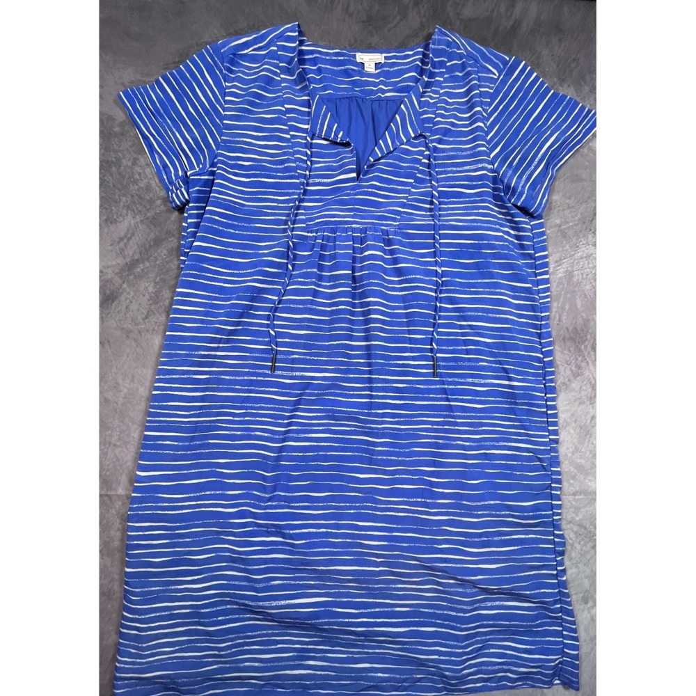 Gap Tunic Dress Womens Medium Blue White Stripe Pleated Front Classic Tie V-Neck
